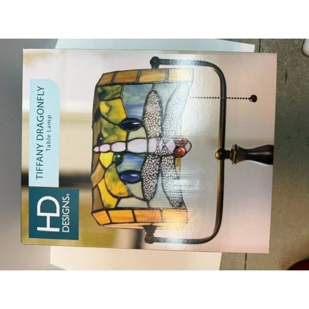 Tiffany Dragonfly Lamp Side Lamp  Colorful Glass and Metal Base NEW IN BOX